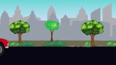 Sokakta eski araba sürüşü animasyonu, şehir arka planı