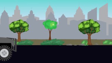 Sokakta eski araba sürüşü animasyonu, şehir arka planı