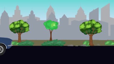 Sokakta eski araba sürüşü animasyonu, şehir arka planı