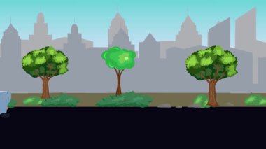 Sokakta eski araba sürüşü animasyonu, şehir arka planı