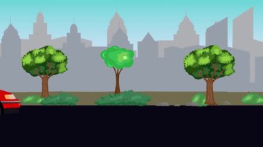 Sokakta eski araba sürüşü animasyonu, şehir arka planı