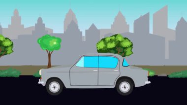 Sokakta eski araba sürüşü animasyonu, şehir arka planı