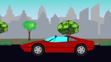 Sokakta eski araba sürüşü animasyonu, şehir arka planı