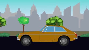 Sokakta eski araba sürüşü animasyonu, şehir arka planı