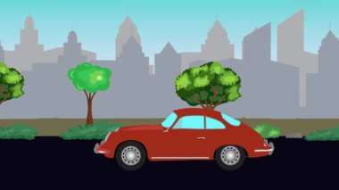 Sokakta eski araba sürüşü animasyonu, şehir arka planı