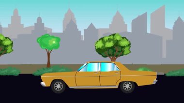 Sokakta eski araba sürüşü animasyonu, şehir arka planı