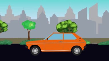 Sokakta eski araba sürüşü animasyonu, şehir arka planı