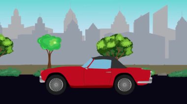 Sokakta eski araba sürüşü animasyonu, şehir arka planı