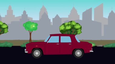 Sokakta eski araba sürüşü animasyonu, şehir arka planı