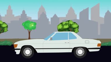 Sokakta eski araba sürüşü animasyonu, şehir arka planı