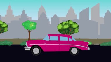 Sokakta eski araba sürüşü animasyonu, şehir arka planı