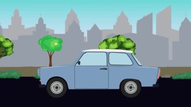 Sokakta eski araba sürüşü animasyonu, şehir arka planı