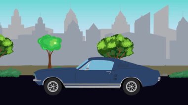 Sokakta eski araba sürüşü animasyonu, şehir arka planı