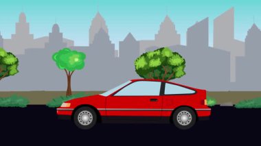 Sokakta eski araba sürüşü animasyonu, şehir arka planı