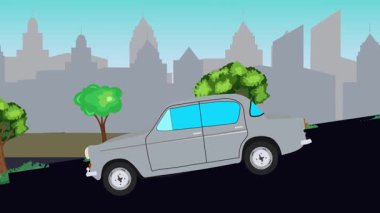 Geçmişteki araba animasyonları sokaktaki vadiden aşağı gidiyor, şehir arka planında.