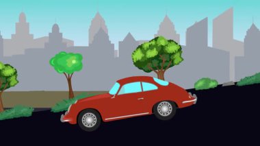 Geçmişteki araba animasyonları sokaktaki vadiden aşağı gidiyor, şehir arka planında.
