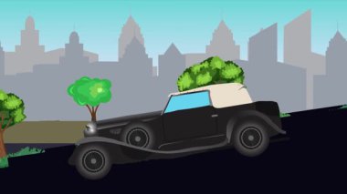Geçmişteki araba animasyonları sokaktaki vadiden aşağı gidiyor, şehir arka planında.