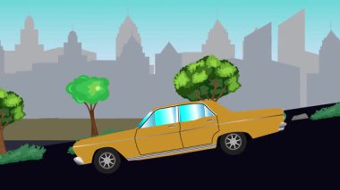 Geçmişteki araba animasyonları sokaktaki vadiden aşağı gidiyor, şehir arka planında.