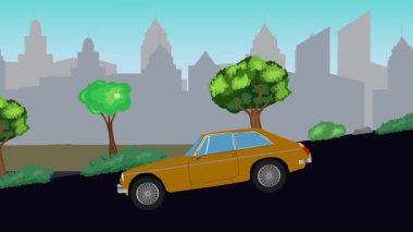 Geçmişteki araba animasyonları sokaktaki vadiden aşağı gidiyor, şehir arka planında.