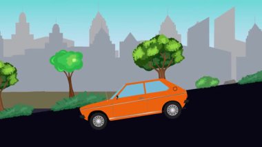 Geçmişteki araba animasyonları sokaktaki vadiden aşağı gidiyor, şehir arka planında.