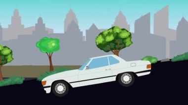 Geçmişteki araba animasyonları sokaktaki vadiden aşağı gidiyor, şehir arka planında.