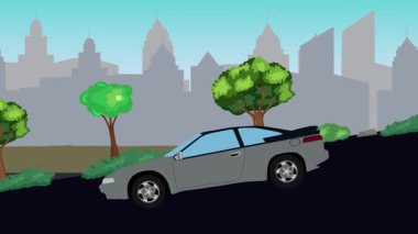 Geçmişteki araba animasyonları sokaktaki vadiden aşağı gidiyor, şehir arka planında.