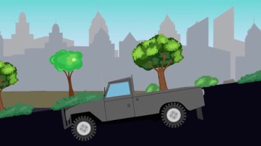 Geçmişteki araba animasyonları sokaktaki vadiden aşağı gidiyor, şehir arka planında.