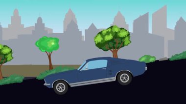 Geçmişteki araba animasyonları sokaktaki vadiden aşağı gidiyor, şehir arka planında.