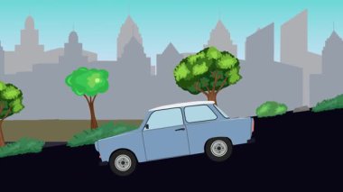 Geçmişteki araba animasyonları sokaktaki vadiden aşağı gidiyor, şehir arka planında.