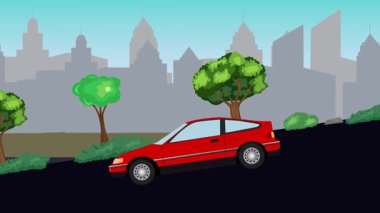 Geçmişteki araba animasyonları sokaktaki vadiden aşağı gidiyor, şehir arka planında.