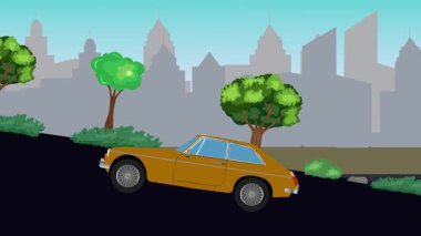 Eski araba çizgi film animasyonu caddedeki tepeye çıkıyor, şehir arka planında.