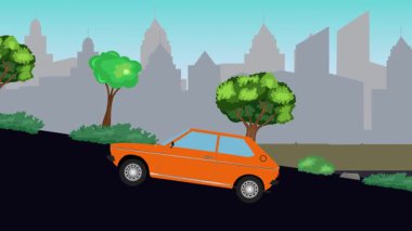 Eski araba çizgi film animasyonu caddedeki tepeye çıkıyor, şehir arka planında.