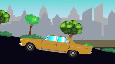 Eski araba çizgi film animasyonu caddedeki tepeye çıkıyor, şehir arka planında.