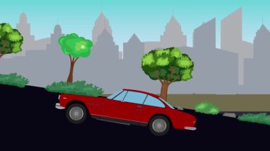 Eski araba çizgi film animasyonu caddedeki tepeye çıkıyor, şehir arka planında.