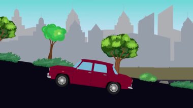 Eski araba çizgi film animasyonu caddedeki tepeye çıkıyor, şehir arka planında.
