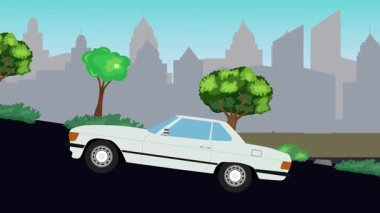 Eski araba çizgi film animasyonu caddedeki tepeye çıkıyor, şehir arka planında.