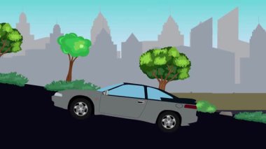 Eski araba çizgi film animasyonu caddedeki tepeye çıkıyor, şehir arka planında.