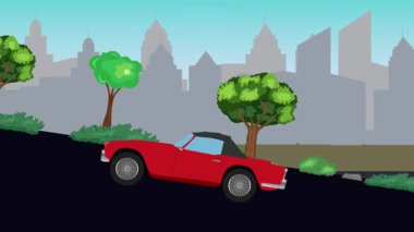 Eski araba çizgi film animasyonu caddedeki tepeye çıkıyor, şehir arka planında.