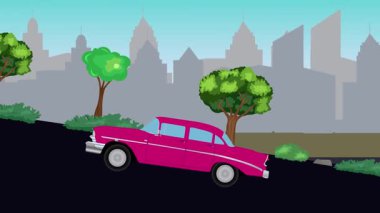 Eski araba çizgi film animasyonu caddedeki tepeye çıkıyor, şehir arka planında.