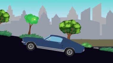 Eski araba çizgi film animasyonu caddedeki tepeye çıkıyor, şehir arka planında.