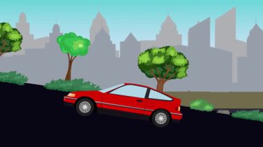 Eski araba çizgi film animasyonu caddedeki tepeye çıkıyor, şehir arka planında.