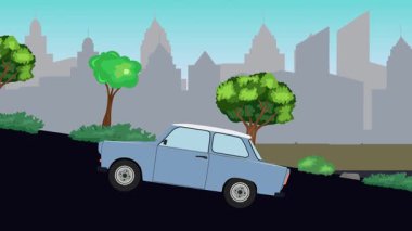 Eski araba çizgi film animasyonu caddedeki tepeye çıkıyor, şehir arka planında.