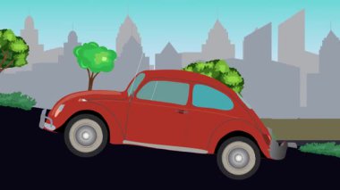 Eski araba çizgi film animasyonu caddedeki tepeye çıkıyor, şehir arka planında.