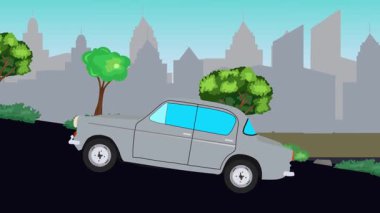 Eski araba çizgi film animasyonu caddedeki tepeye çıkıyor, şehir arka planında.