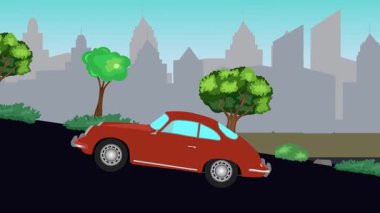 Eski araba çizgi film animasyonu caddedeki tepeye çıkıyor, şehir arka planında.