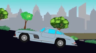 Eski araba çizgi film animasyonu caddedeki tepeye çıkıyor, şehir arka planında.