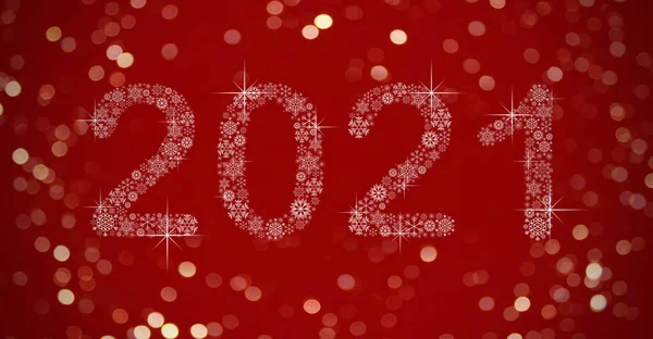 Feliz Ano Novo Números 2021 Flocos Neve Fundo Vermelho Bokeh — Fotografia de Stock