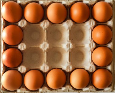 Hücrelerde kahverengi tavuk yumurtası. Kahvaltı yemeği. Paskalya tatili için dekorasyon arkaplanı.