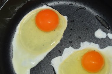 Kızarmış yumurta kızartma tavasında kızartılır. Yumurtalı tavuk. Kahvaltı için yiyecek..