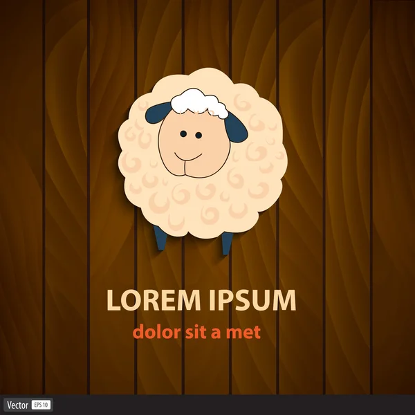 Vector illustration of cartoon sheep. Icon on wood background texture — Stock Vector